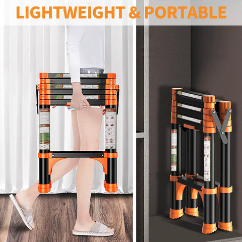 Person holding a folded A Frame Telescoping Ladder With One Button Retraction, Aluminum Adjustable Extension Ladder for home use.