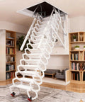 Electric Telescoping Loft Ladder With Smooth As Butter Remote Control Pull Down Attic Stairs, heavy-duty design in living room.