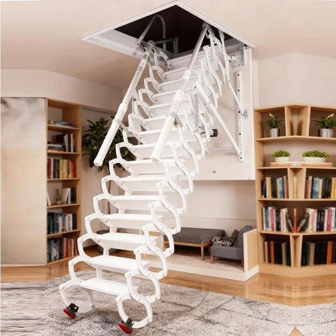 Electric Telescoping Loft Ladder With Smooth As Butter Remote Control Pull Down Attic Stairs, heavy-duty design in living room.