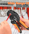 Hands using Ferrule Crimping Tool Kit With Portable Case Square Crimp Pliers For AWG 28 To 5 Wires Ratchet Crimper 1300 Ferrule