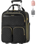 Black gold large underseat carry on luggage with wheels for travel airline approved personal item bag with leather handle.