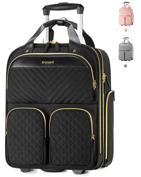 Black gold large underseat carry on luggage with wheels for travel airline approved personal item bag with leather handle.