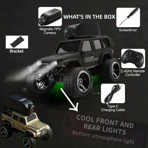 One Sixty Four Scale 4WD Alloy Mini RC Crawler With FPV Camera displaying packaging contents and accessories