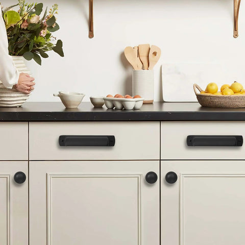 Matte Black 3 Inch Hole Center Cup Pulls For Cabinets And Drawers, 10 Pack Kitchen Cabinet Handles And Drawer Knobs installed
