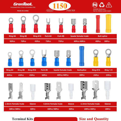 Image of All-In-One 1150-Piece Wire Connectors Kit with various terminal types and sizes in red, blue, yellow color-coded sections.