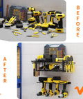 Before and after of Wall Mounted Power Tool Storage Organizer Kit, Two Pack, showing tools organized on black wire shelves.