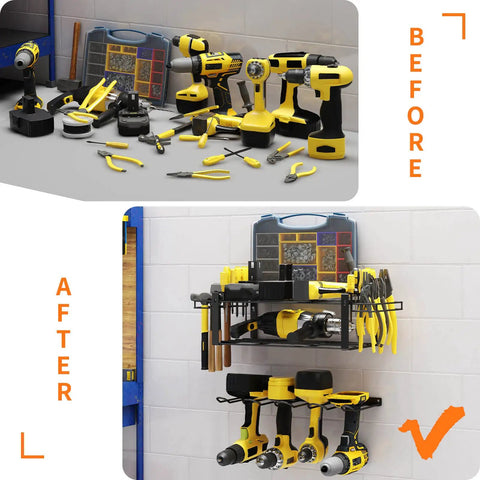 Before and after of Wall Mounted Power Tool Storage Organizer Kit, Two Pack, showing tools organized on black wire shelves.