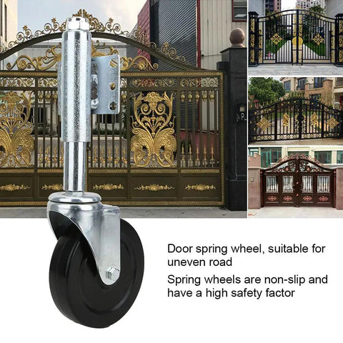 5 Inch Spring Loaded Rubber Door Wheel Caster Built Like A Tank For Zero Hassle Rolling On Rough Outdoors Heavy Duty Universal Gate Roller with spring wheel and non-slip tread.