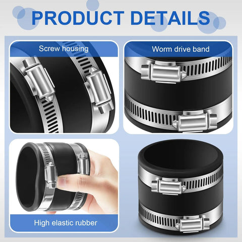 Close-up of 4 Piece 2-1/2 Inch Dust Control Flex Cuffs With Stainless Steel Hose Clamps And Flexible PVC Couplings For Plastic And Copper Plumbing Connections Heavy Duty Dust Collection Fittings Set For Quick No Fuss Setups