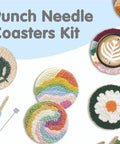 Six Piece Punch Needle Coaster Kit Set For Beginners And Adults with fruit cake themed designs including daisies and swirls