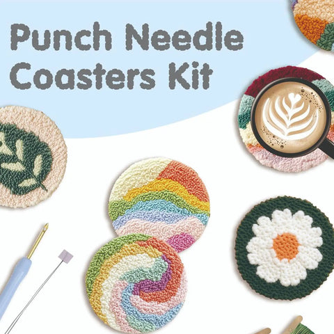 Six Piece Punch Needle Coaster Kit Set For Beginners And Adults with fruit cake themed designs including daisies and swirls