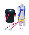 Compliance In A Can Light Roofer's Fall Protection Kit with harness on mannequin, lanyard, and black bag
