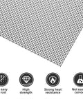 4 Pack Stainless Steel Wire Mesh Sheets 12 By 8 Inches For DIY Projects No Rust Easy To Cut Durable As Heck And Ready For Pro Grade Craft Screen Mesh Set close-up showing mesh pattern and durability icons.