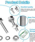 M6 Flanged Hex Head Bolts Kit, 20mm Length, 304 Stainless Steel Hardware Set with Nuts, Washers, detail view and packaging