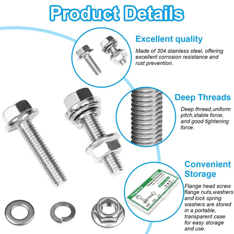 25 Pack M6 Flanged Hex Head Bolts Kit With M6 1 Pitch 16mm Screws Nuts Flat And Spring Lock Washers 304 Stainless Steel Metric