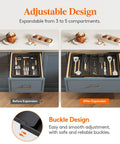Expandable Kitchen Utensil Organizer for Drawers, Adjustable Cutlery Tray and Spatula Holder in drawer before and after expansion