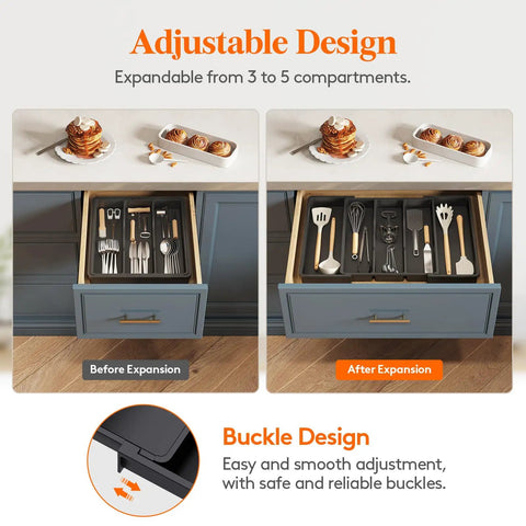 Expandable Kitchen Utensil Organizer for Drawers, Adjustable Cutlery Tray and Spatula Holder in drawer before and after expansion
