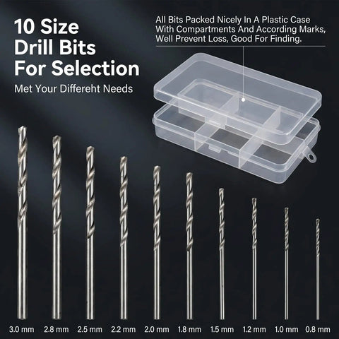 Hella Durable Zinc Alloy Hand Drill Set With Six Hundred Eye Screws Ten Precision Bits And Fifteen Keychain Rings Sweet For Resin Crafting Diy Epoxy Molds And Creative Hobby Vibe Projects, showing 10 precision drill bits in a plastic case.