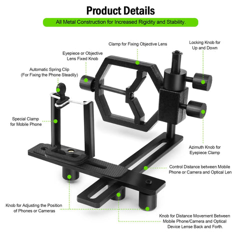 Deluxe Metal Telescope Mount All In One Phone And Camera Universal Adapter showing parts and adjustment features for optics support.