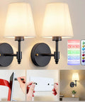 Two Pack Wireless Battery Operated Wall Sconces With 10000mAh RGB Rechargeable Magnetic Bulbs, Remote Control, No Wiring Needed