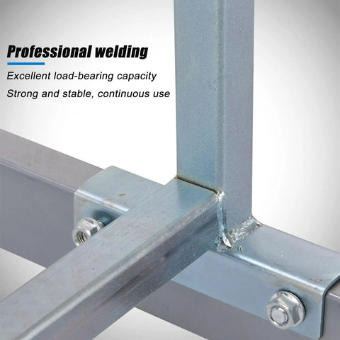 Close-up of professional welding on Badass Heavy Duty Metal Rolling Tire Rack Organizer For Auto Garage Workshop Wheel Storage Shelf.