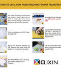 Steps to use a heat press machine for DTF transfer film; includes images illustrating each step of the printing process.