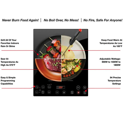 Pro Chef Induction Cooktop Portable 1800W With 8 Inch Heating Coil features, controls, and cooking options illustration.