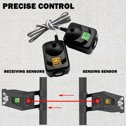 Upgraded 820CB Garage Door Sensor Kit With Bracket For LiftMaster Chamberlain Craftsman Openers After 1997 Replacement 41A5034 G801CB P 801CB 041 0136 Compatible No Programming Required No Brainer Install, showing sending and receiving sensors with wires and precise control illustration.