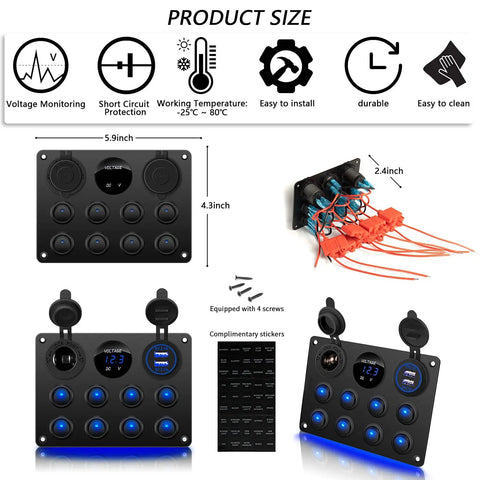 Beefy 8 Gang Rocker Switch Panel With 12V Waterproof Toggle Switches LED Digital Voltmeter 4.2A Dual USB Charger DC 12 And 24 Volt Socket Aluminum Panel Built For RV Car Truck Boat And Marine Power Needs shown in various angles and dimensions with wiring and accessories.