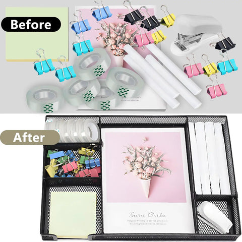 Black Office Supplies Set With Desk Drawer Organizer And All In One Desk Kit Including Stapler Tape Dispenser Tape Staple Remover 1000 Staples 200 Paper Clips 20 Binder Clips Scissors 100 Sticky Notes Must Have, organized before and after.