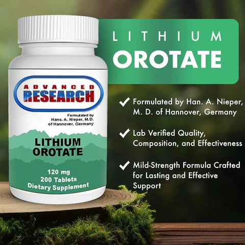 Lithium Orotate 120 Mg Dietary Supplement, 200 Tablets Pack Of 2, Essential Mineral For A Healthy Body, Daily Dose For Mood Boost And Brain Wellness, Hans Nieper Inspired bottle with label details.
