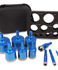 Badass Premium Ten Piece Diamond Tile Hole Saw Kit With 1/4 To 2 Inch Vacuum Brazed Drill Bits showing blue drill bits and carrying case.