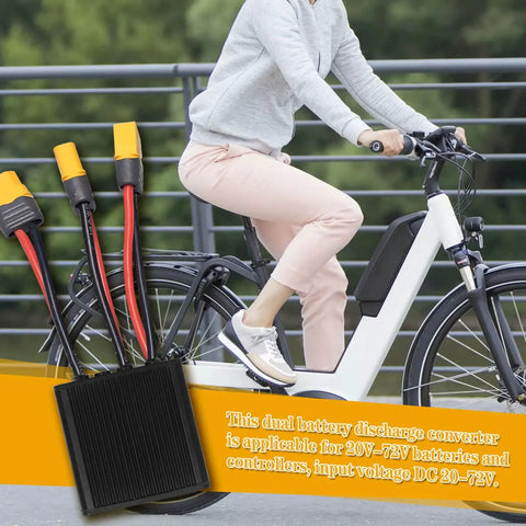 Dual Battery Parallel Connector For Electric Bikes 20V-72V DC Power Kit With XT60 Plug 40A next to an e-bike rider