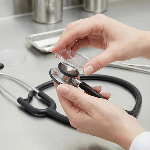Stethoscope diaphragm replacement (2 pcs) for pediatric and adult use; metal chestpiece, clear diaphragm, black tubing