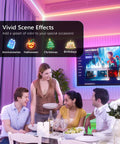 Rgb Led Strip Lights With Motion Sensor And Timer around a TV in a living room with friends gathering for a festive occasion.