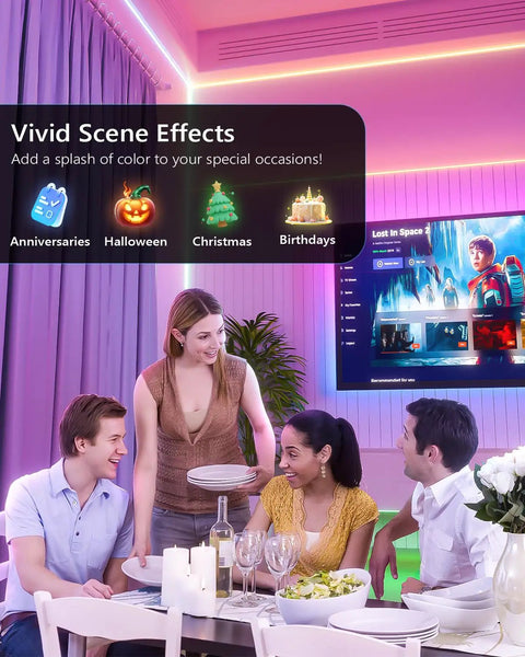 Rgb Led Strip Lights With Motion Sensor And Timer around a TV in a living room with friends gathering for a festive occasion.