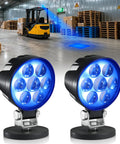 Heavy Duty LED Blue Spot Forklift Safety Light With Magnetic Mount Bracket 2 Pack showing dual lights highlighting a warehouse floor.