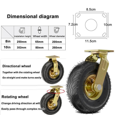 Heavy Duty Industrial Swivel Caster Wheels, 10-inch robust rubber tire with gold mounting plate, shown with dimensional diagram.