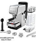 Premium Espresso Machine With Auto Milk Frother And 20 Bar Italian High Pressure Pump For Rich Crema And Silky Microfoam Lattes A Real Game Changer For Home Brews Seeking Barista Quality Sips And Nailed It Foam Daily with removable parts laid out.