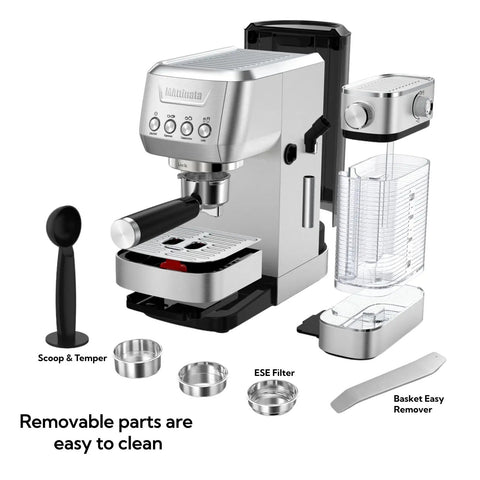 Premium Espresso Machine With Auto Milk Frother And 20 Bar Italian High Pressure Pump For Rich Crema And Silky Microfoam Lattes A Real Game Changer For Home Brews Seeking Barista Quality Sips And Nailed It Foam Daily with removable parts laid out.