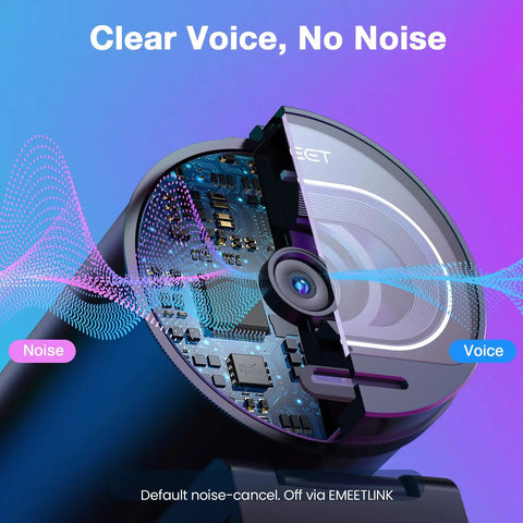 Close-up view of Next Level 4K Webcam featuring Sony sensor and smart autofocus, showing internal components and audio wave visuals.