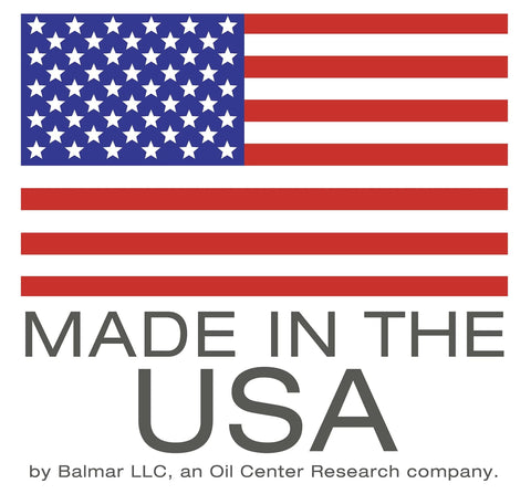 American flag with text 'Made in the USA by Balmar LLC, an Oil Center Research company'