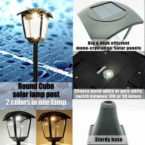 Outdoor Lamp Post Light 68 Inch Tall Waterproof Solar Powered 100 Lumen Pathway Garden Lawn Patio Porch Backyard Driveway USB Rechargeable With Warm White And Cool White showing round cube design, solar panels, dual color options, and sturdy base