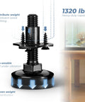 Close-up of four pack three eighths inch thread furniture leveling feet with T nuts, heavy duty adjustable levelers in black with capacity note.