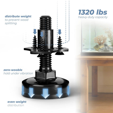Close-up of four pack three eighths inch thread furniture leveling feet with T nuts, heavy duty adjustable levelers in black with capacity note.