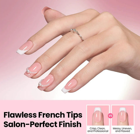 Close-up of manicured hand with French Manicure Nail Art Stickers 30 Sheets With 3 Design Options Self Adhesive Nail Tips Guides