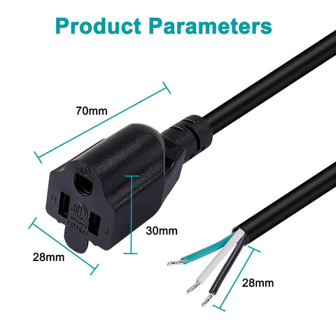 Heavy Duty NEMA 5-15 3 Prong Female Power Cord SJT Replacement Cable 18 Gauge 10A 110V 120V Pigtail 3.3Ft Twin Pack dimensions