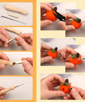 Beginner Friendly 45 Colors Needle Felting Kit With Tools Needles Eyes Scissors Storage Bag And Box All In One DIY Handcraft Starter Set showing felting tools and steps to create a pumpkin figure.