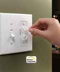 Person adjusting Light Switch Guards 3 Pack Toggle Style Kid Proof Safety Covers for Home and Office with two security levels.