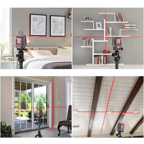 Self Leveling Laser Level With 360 Degree Horizontal And Vertical Line, Bright 2 Line Cross Laser For Wall Hanging And Outdoor Use, Waterproof, Magnetic Mount, Manual Mode Toggle, Includes Battery Carrying Bag, shown on tripod indoors